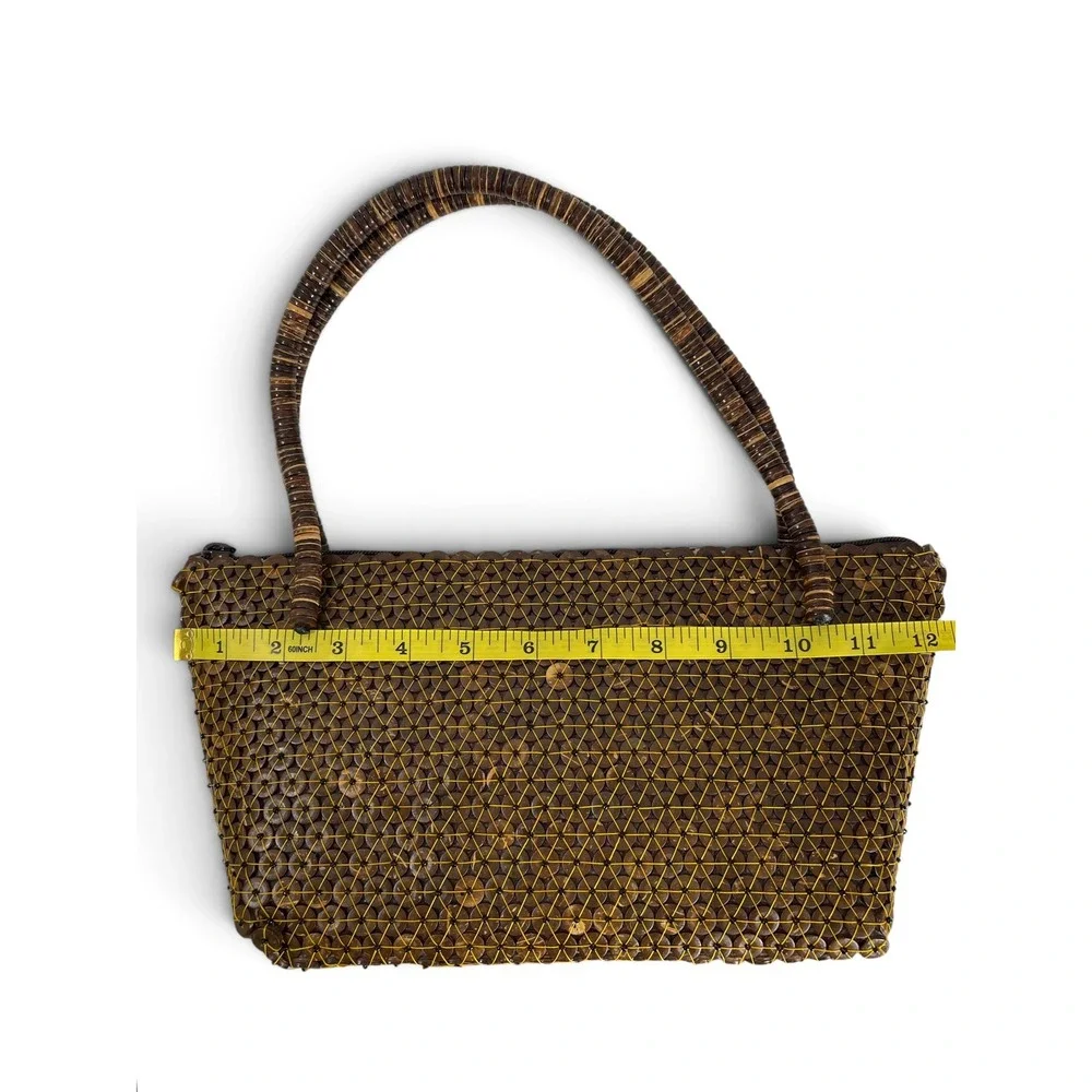 Y2K Handmade Coconut Shell Beaded Boho Handbag Artisan Crafted Brown Tote Purse